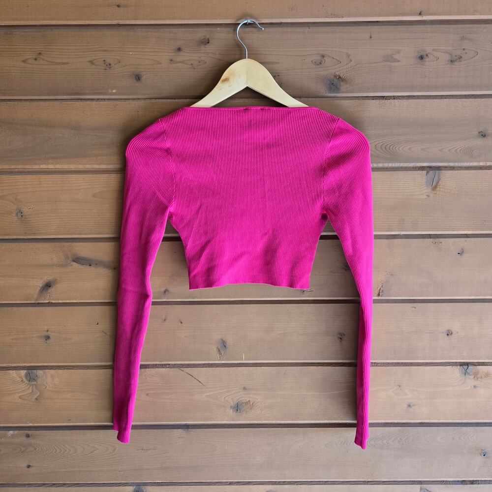 Express Crop Sweater Hot Pink Criss Cross Seamless Top Long Sleeve NWOT S Preppy - Picture 3 of 4